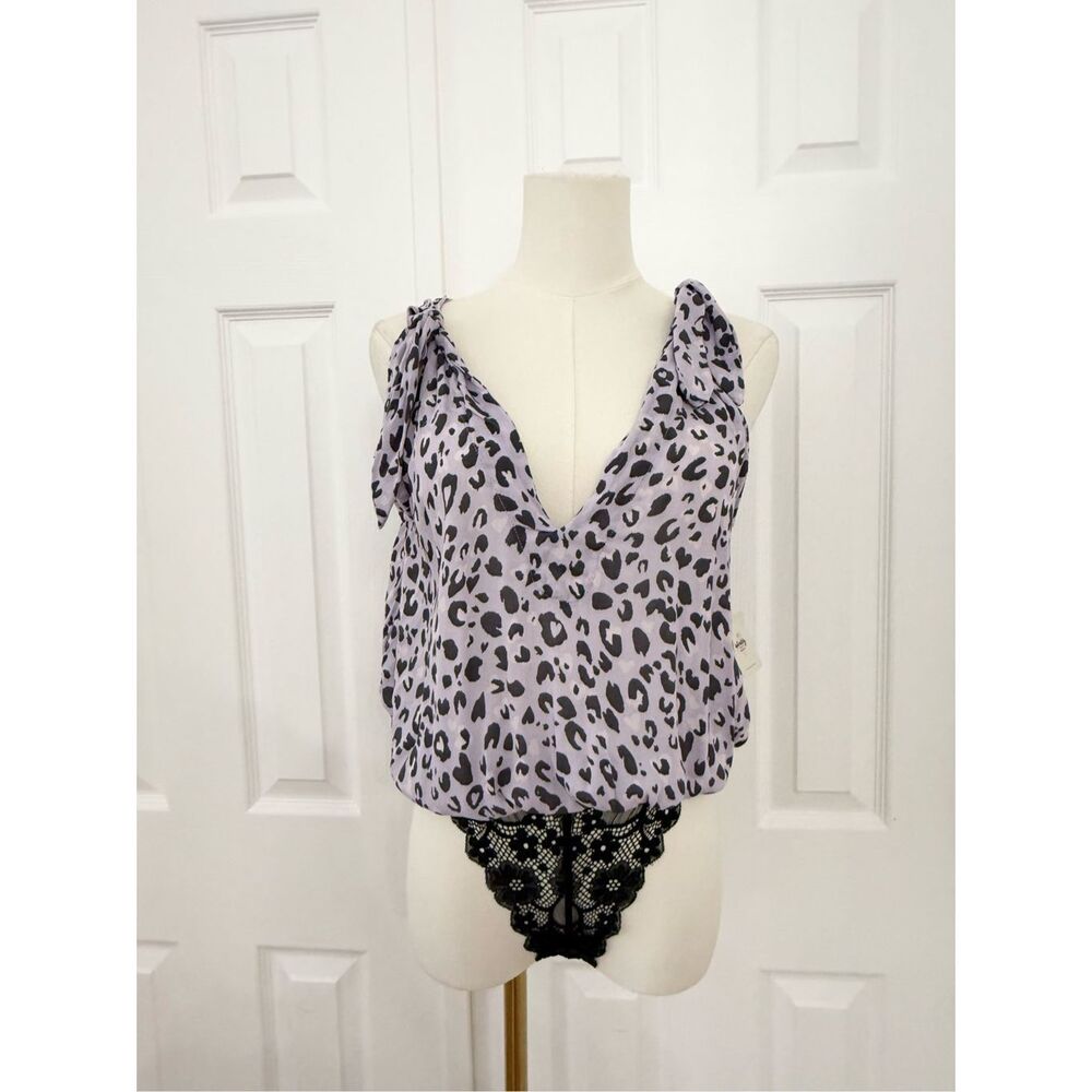 Free People Womens Lilac Black Leopard Sleeveless Bare It All Bodysuit XS NWT